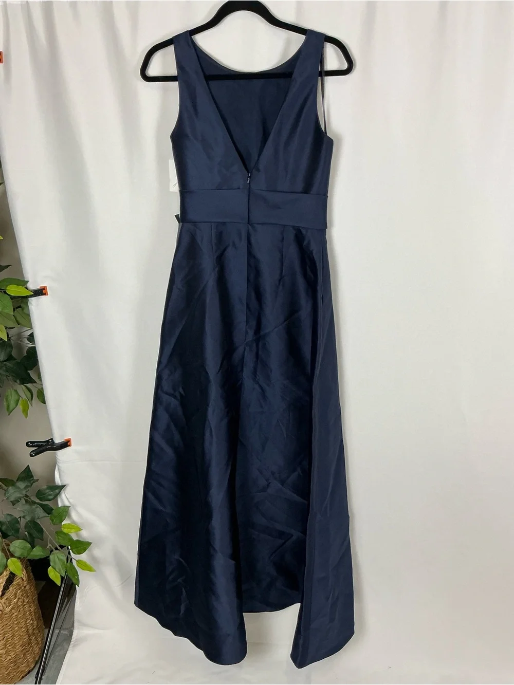 ALFRED SUNG Midnight Navy Jewel-Neck V-Back Satin Maxi Dress - Picture 4 of 6